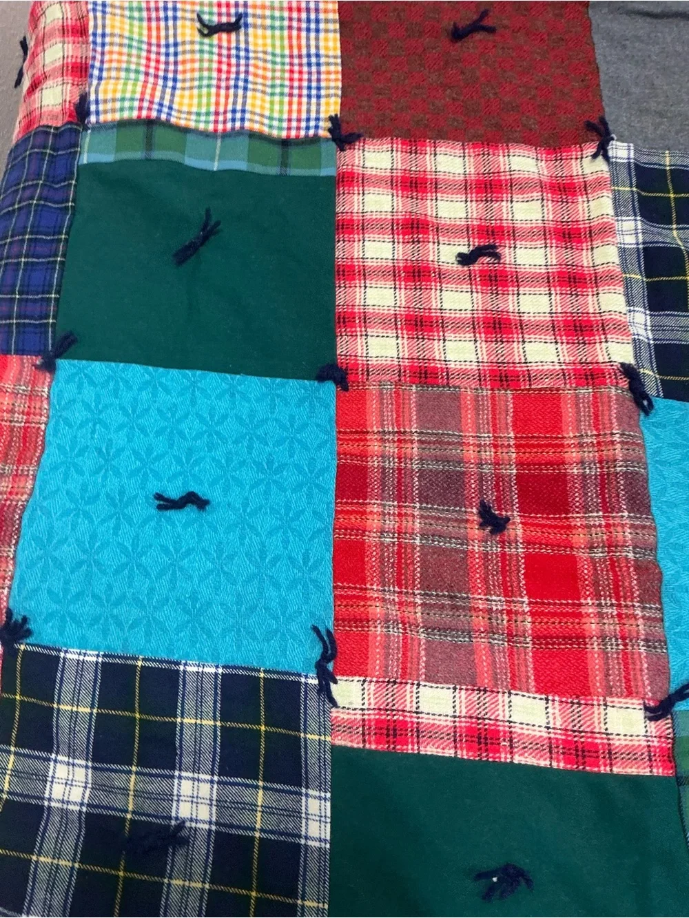 Vintage handmade patchwork quilt yarn tied plaid blanket with skirt 82x70